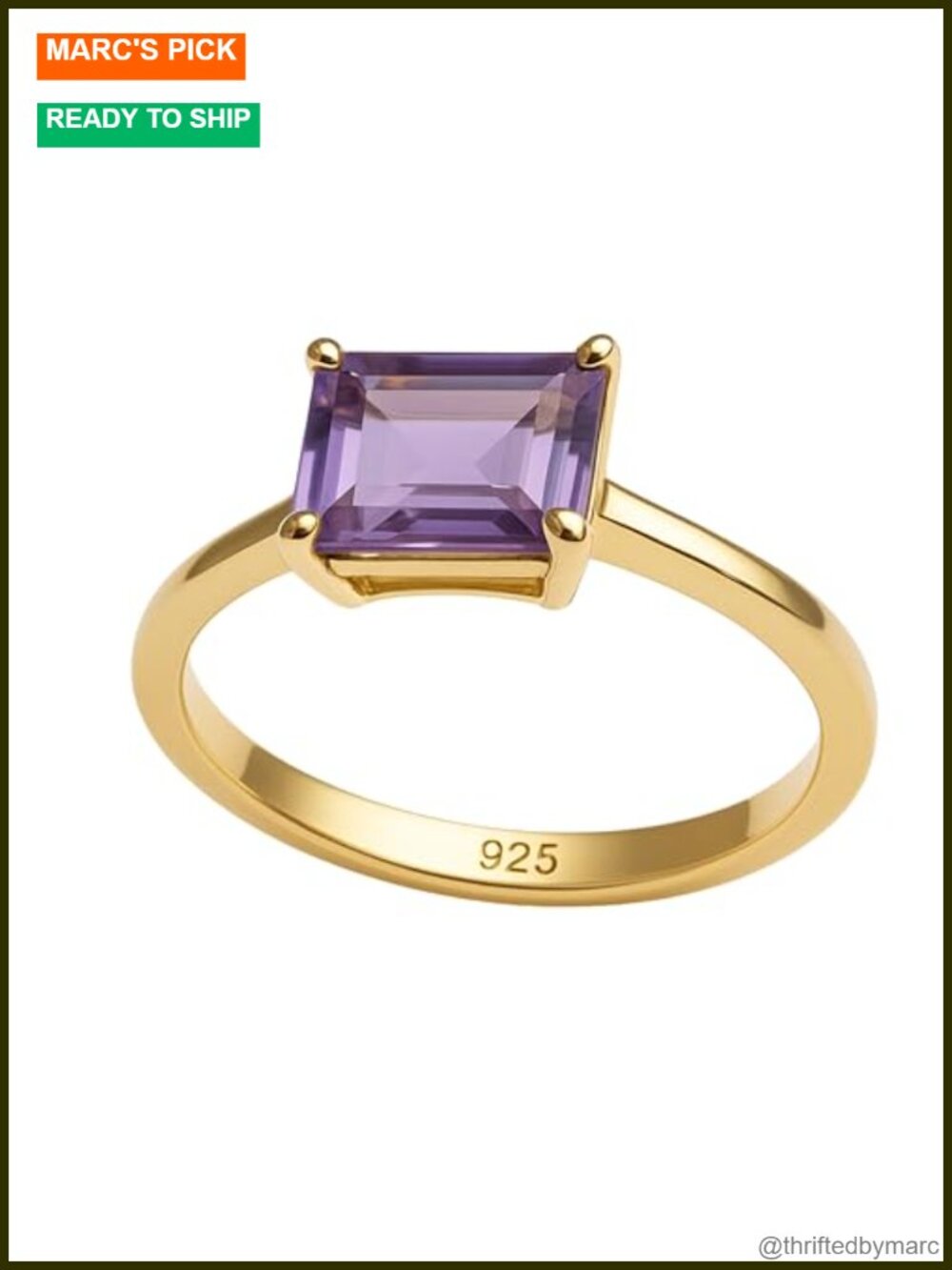 Baguette Cut Amethyst Ring 925 Sterling Silver Gold Plated Stacking